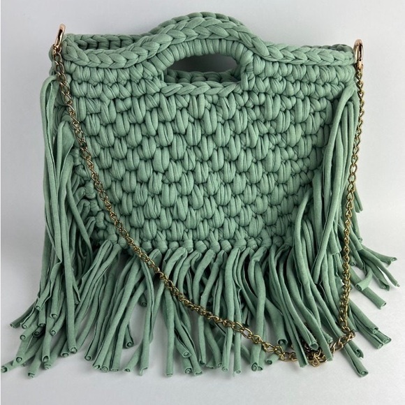 Pastel Green Large Fringe Crochet Bag - Boho Chic Retro Handwoven Bag - Picture 1 of 5